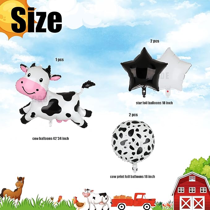Big Cow Foil Balloons Giant Cow Shape Mylar Balloon Baby Shower Girl Boy One 1st 2nd Birthday Decoration Barnyard Farm Animal Western Cowboy Theme Party Decor Supplies 5 Pcs