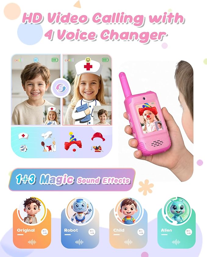 Video Walkie Talkies for Kids, Toys for Girls Ages 3-12, Kids Walkie Talkies 2 Pack with HD Video & 3 Voice Changers, Christmas Birthday Gifts for Kids Indoor Outdoor Camping Backyard Games (Pink)