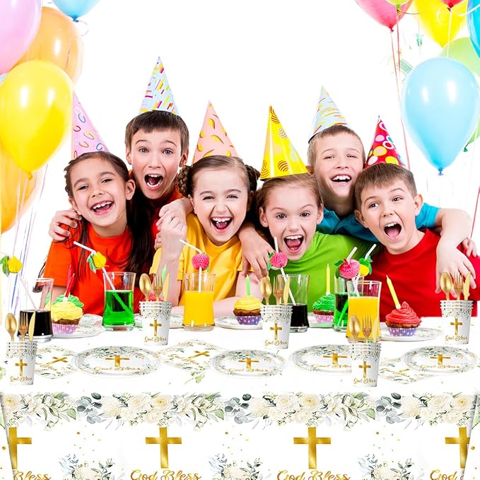 81Pcs God Bless Party Tableware Set First Communion Party Decoration,Newborn Baptism Church Birthday Party Supplies