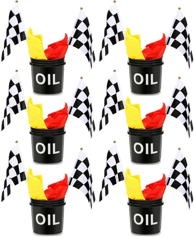 48 Pcs Race Car Party Decorations 6 Sets Racing Table Centerpieces Including 12 Checkered Flags 6 Plastic Drums 6 Oil Stickers 24 Tissue Papers for Race Car Themed Birthday Party Supplies