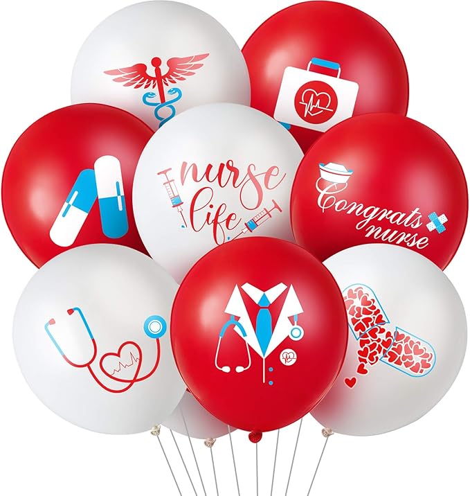 Skylety 48 Pieces Nurse Balloons 12 Inch Congrats Nursing Latex Balloons Bulk Party Decoration Supplies Nursing School Graduation Decoration for Happy Nurse Week Cna(Red and White)