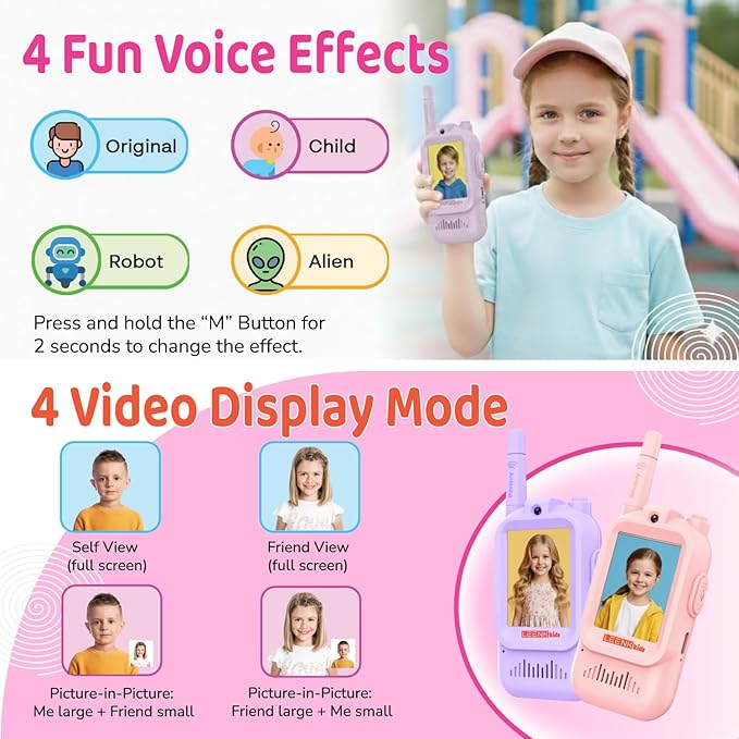 LEENK Video Walkie Talkies for Kids 2 Pack – Rechargeable Video Intercom Handheld, Indoor & Outdoor Range, Easy Use for Ages 3-12, Eco ABS, Clear Voice & Long Distance Communication (Pink & Purple)