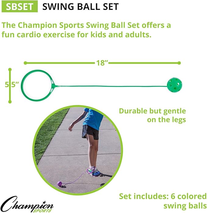 Champion Sports Skip Ball Ankle Toy for Kids, Pack of 6, Assorted Colors - Durable Hopper/Swingball Set with 18-Inch Cord, 5.5-Inch Diameter Ankle Ring - Fun Jumper and Exercise Equipment