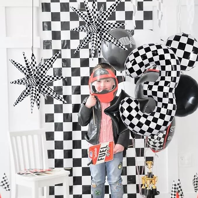 TONIFUL 40 Inch Checkered 3rd Birthday Balloons Set Number 3 Race Car Black Black White Checkered Round Explosion Star Balloons Boys Race Car Themed Birthday Party Decoraction