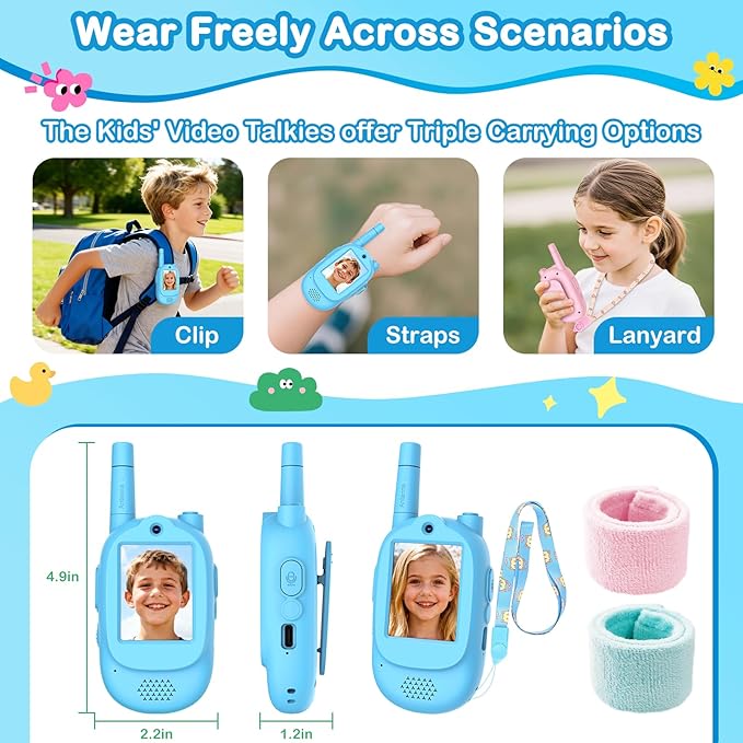 Video Walkie Talkies for Kids, 2 Pack Rechargeable Real-Time Video Chat & Voice Changer Walkies Talkies with Watch Straps, Long Range Family Games, Outside, Gifts for Boys Girls Ages 3-12 Blue&Pink