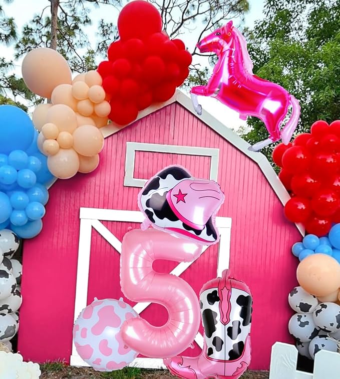 Western Cowgirl Balloons Pink 5th Birthday Party Decorations, Retro Horse Cowboy Hat Boot Balloons Girls Western Theme Rodeo Birthday Party Decorations Supplies Decor (32 Inch Pink 5 balloon)