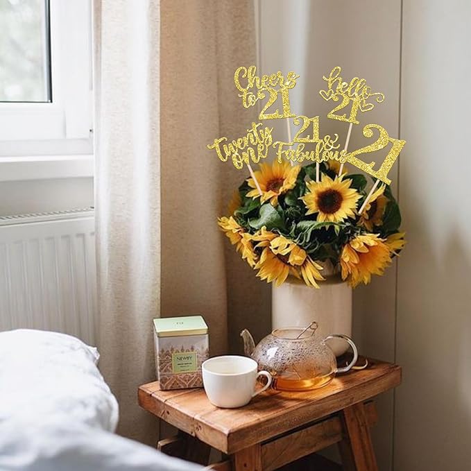 15PCS Happy 21st Birthday Centerpiece Sticks Hello 21 Fabulous Table Flower Centerpieces Sticks Twenty One Sweet Cheers to 21 Years Floral Decoration for 21st Birthday Party Centerpieces Sticks Gold