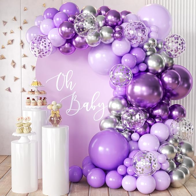 Purple and Silver Balloon Garland Arch Kit, 155Pcs Lavender Pastel Purple Lilac and Silver Confetti Balloons for Girls Women Wedding Birthday Baby Shower Graduation Party