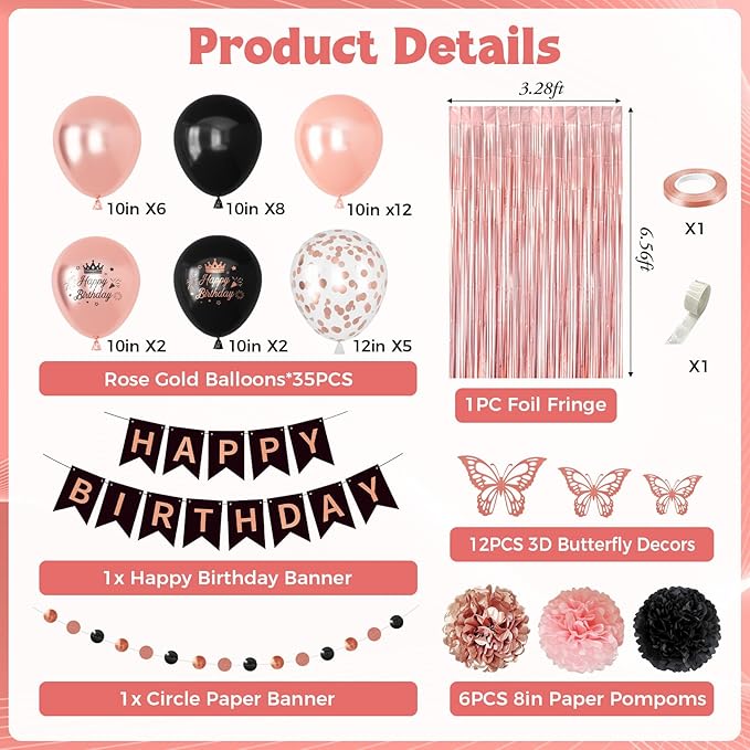 Rose Gold and Black Birthday Decorations for Women Girls, Pearl Rose Gold Black Metallic Printed Balloons Butterfly Stickers Fringe Curtain Happy Birthday Banner Circle Dot Paper Pompom Party Supplies