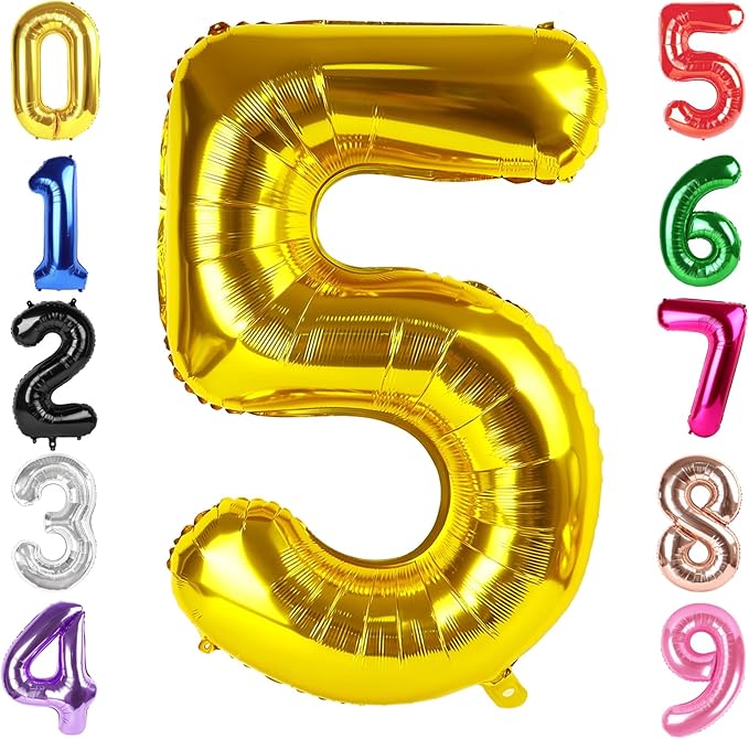 40 Inch Gold Number 5 Balloon, Giant 5 Number Balloons for 5th Birthday Decorations, Party Supplies for Baby Boy Girl, Gold Party Decor