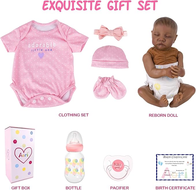 Aori Lifelike Reborn Baby Dolls Black - 18-Inch Realistic American Newborn Real Life Black Girl with Feeding Kit & Gift Box for Kids Age 3+