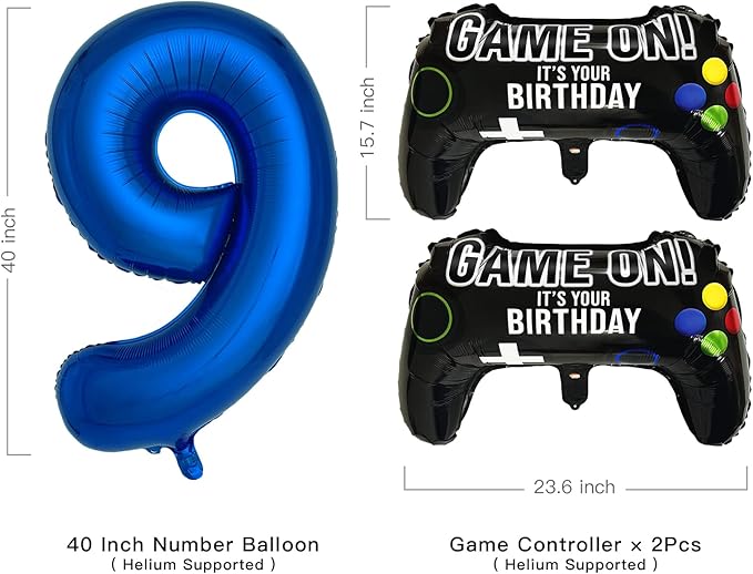 Navy Blue Video Game Party Supplies Boys 9th Birthday Party Decorations- 2 Packs Game On Balloons with Dark Blue Number 9 Balloon