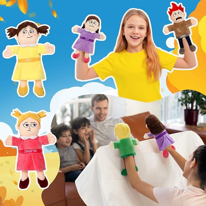 Lenwen 6 Pcs Feelings Hand Puppets for Kids, Emotions Toys, Soft Plush Sensory Puppets with Movable Limbs, Core Emotions Set for Storytelling, Social Emotional Learning Activities