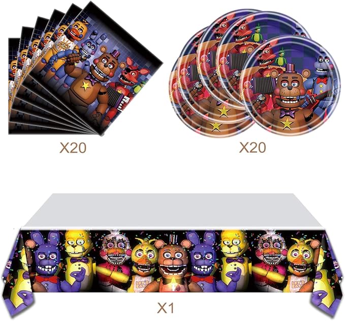 41pcs Birthday Party Supplies For Five Nights at Freddy's, 20Plates + 20 Napkin + 1Tablecloth，Party Decorate Supplies For Five Nights at Freddy's
