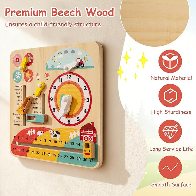 Costzon Montessori Kids Daily Learning Clock Toy, Wooden Educational Learning Clock Toy About Season, Weather, Day, Night, Month, Week & Date, Toddlers Daily Calendar for Preschool Boys Girls Aged 3+