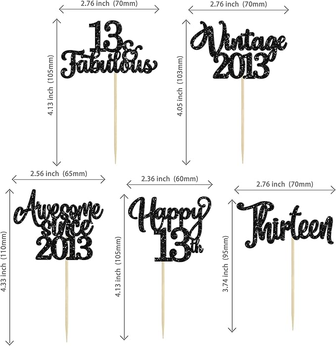 30Pcs Happy 13th Birthday Cupcake Toppers Glitter Thirteen Vintage 2013 Cupcake Picks Cheers to 13 Fabulous Cake Decorations for 13th Birthday Wedding Anniversary Party Supplies Black