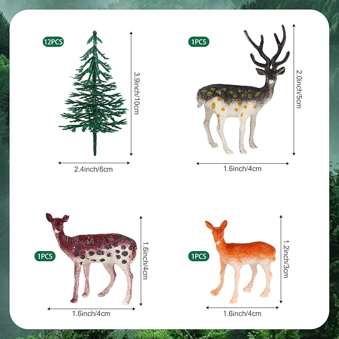 Hooqict 15Pcs Deer Christmas Tree Cake Topper with Tree Deer Figurines Hunting Cake Decorations for Winter Forest Woodland Birthday Party Supplies Animals Christmas Decorations