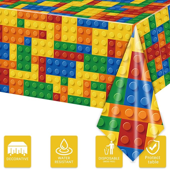3PCS Building Block Party Tablecloths for Boys Kids Colorful Building Table Cover Blocks Themed Birthday Party Supplies Baby Shower Decorations Party Table Cloth