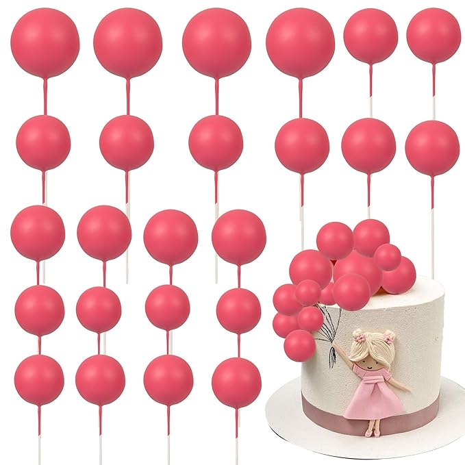 Gyufise 30Pcs Balls Cake Toppers Ball Cake Picks Foam Ball Shaped Cupcake Toppers Mini Balloons Baby Shower Cake Decorations for Wedding Enaggement Bridal Shower Birthday Party Supplies Rose Red