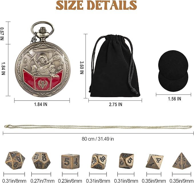 D&D Dice Set,7PCS Metal Dice for Dungeons and Dragons,Mini Dice Set with Pocket Watch Case,Role Playing Board Games Accessories (DM, Bronze)