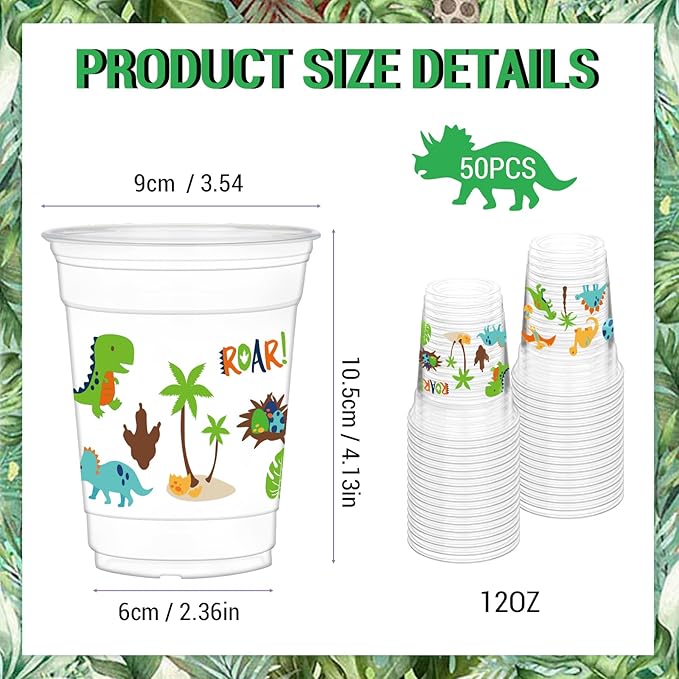 50Pcs Dinosaur Cups, 12oz Dinosaur Party Cups Dino Theme Clear Plastic Drinking Cup for Baby Shower Wedding Birthday Party Decorations Supplies