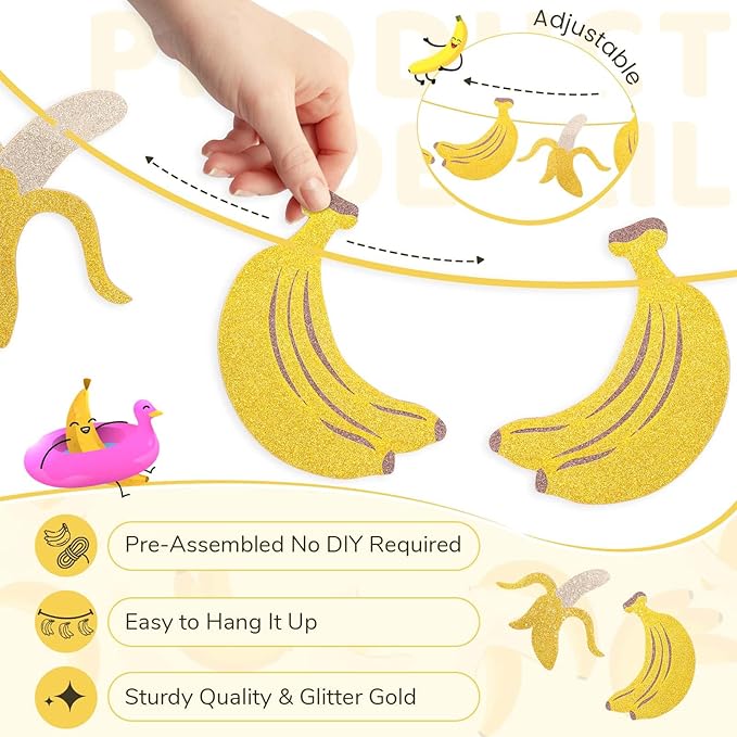 Clabby Pre Strung Banana Birthday Decorations Let's Go Bananas Letter Banner Gold Glitter Fruit Theme Banner for Fruit Birthday Party Baby Shower Supplies