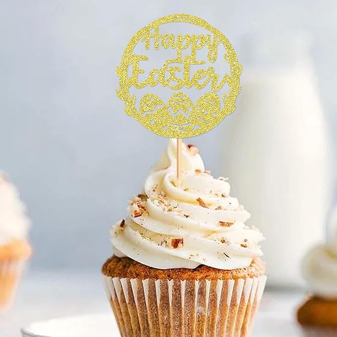 Ercadio 24Pcs Happy Easter Cupcake Toppers Glitter Golden Happy Easter Eggs Cupcake Picks for Easter Day Theme Baby Shower Easter Birthday Wedding Anniversary Party Cupcake Decorations