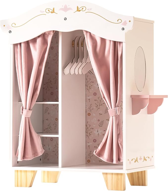 ROBOTIME 18in Doll Closet, Wooden Doll Closet Wardrobe, Pink Doll Wardrobe Closet Fits 16-18in Dolls, Gift for Boys & Girls