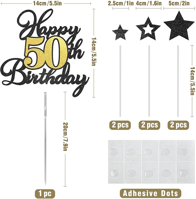 Happy 50th Birthday Cake Toppers, Black Gold Glitter Cake Decorations Set, 50th Birthday Decor for Men Women, Birthday Anniversary Party Decorations Supplies