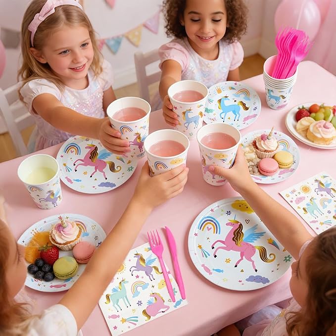 144Pcs Unicorn Birthday Party Supplies Decorations Kids Girl Themed Paper Plates Napkins Vintage Party Tableware Disposable Dinnerware for Girl Kid Birthday Baby Shower Table Decor, Serve 24