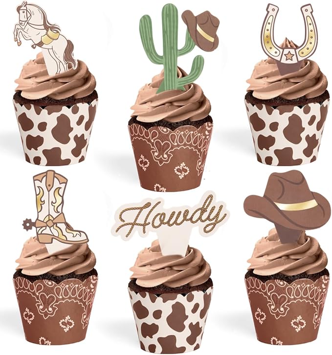 xo, Fetti Western Cupcake Liners + Toppers - Set of 24 | Rodeo Birthday Cake Decoration, Hoedown Bachelorette Food Accessory, Kids Party Supplies