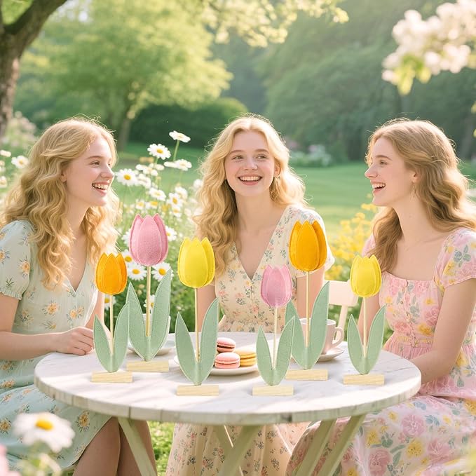 SUNBEAUTY 6Pcs Spring Tulips Flower Table Decoration Easter Tulip Felt Centerpiece Pink Yellow Orange Tulips Floral Tabletop Signs for Easter Garden Birthday Home Party Mothers Day Decor