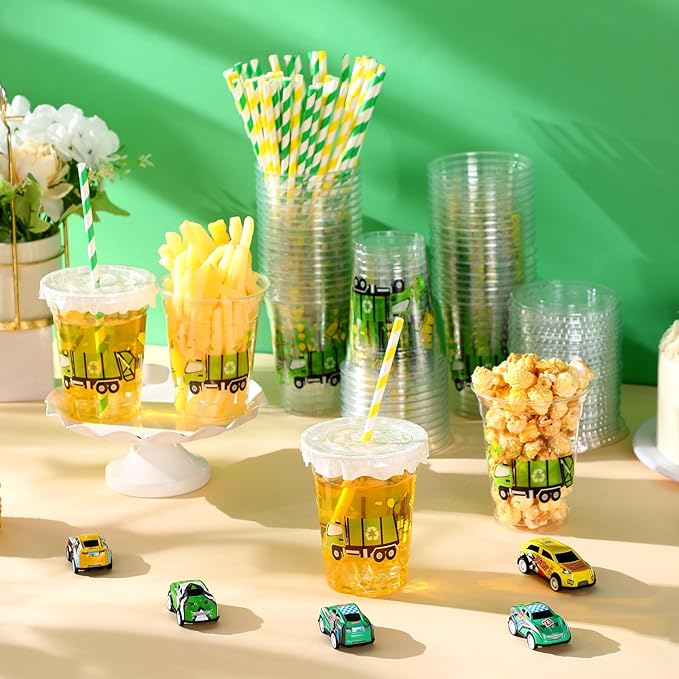 Domensi 50 Pcs Garbage Truck Birthday Party Plastic Cup 12 oz Garbage Car Thick Clear Cup Truck Mugs Trash Car Birthday Table Decorations Party Favor car Design