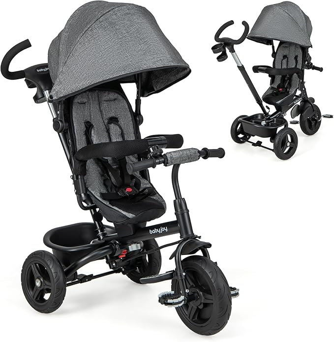 BABY JOY Tricycle, 6 in 1 Trike for Toddler w/Reversible Seat, Adjustable Canopy & Parent Handle, 5-Point Safety Belt, PU Wheels and Storage Basket, Push Tricycle for 9-60 Months (Gray)