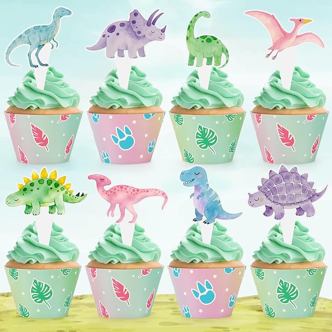 48 Pack Watercolor Dinosaur Cupcake Toppers and Wrappers, Colorful Dinosaur Party Cake Decoration for Dino Theme Birthday Party Baby Shower Supplies