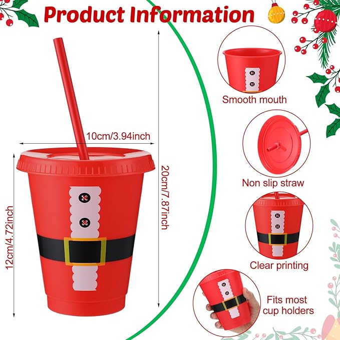 Sieral 30 Pcs Christmas Cups with Straws and Lids 16 oz Santa Elf Belt Cups Red Green Plastic Tumblers Reusable Iced Coffee Travel Mug for Christmas Theme Party Supplies Decorations
