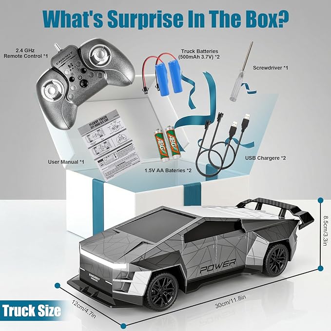 Remote Control Car/RC Truck – 2.4 GHz All-Terrain Cyber Vehicles with One-Touch Demo and Three Adjustable LED Light Effects, Off-Road Pick-Up Hobby Monster Truck Toys Gifts for Boys/Girls Aged 3+