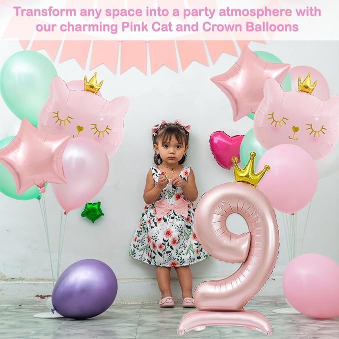 Pink Cat Balloon Set, Crown Cat Foil Balloon, 9 Year Old Girl Birthday Party Decoration, Cat Theme Party Decoration, Theme Party Supplies for Girls Kitten Pet Cat (9)