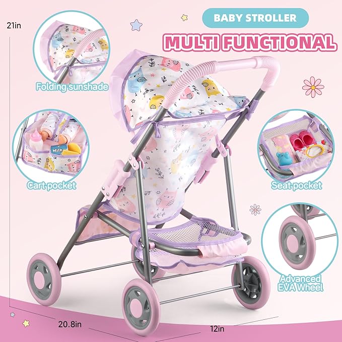 Baby Doll Stroller Play Set with 12.5" Baby Doll,Dining Chair, 2 Sets Clothes and 20 PCS Doll Accessories. Stroller Toy for 3, 4, 5, 6 Year Old Toddler Girls for Realistic Pretend Play.