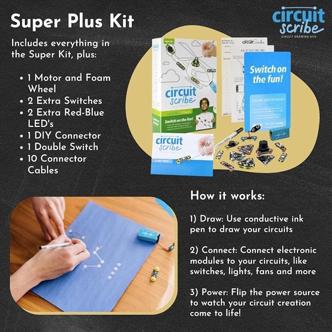 Circuit Scribe Super Kit Plus | Circuit Drawing Conductive Ink Pen & 19 Electronics Modules | Workbook with 27 Lessons | Gift for Future Inventors | Learning & Education STEM