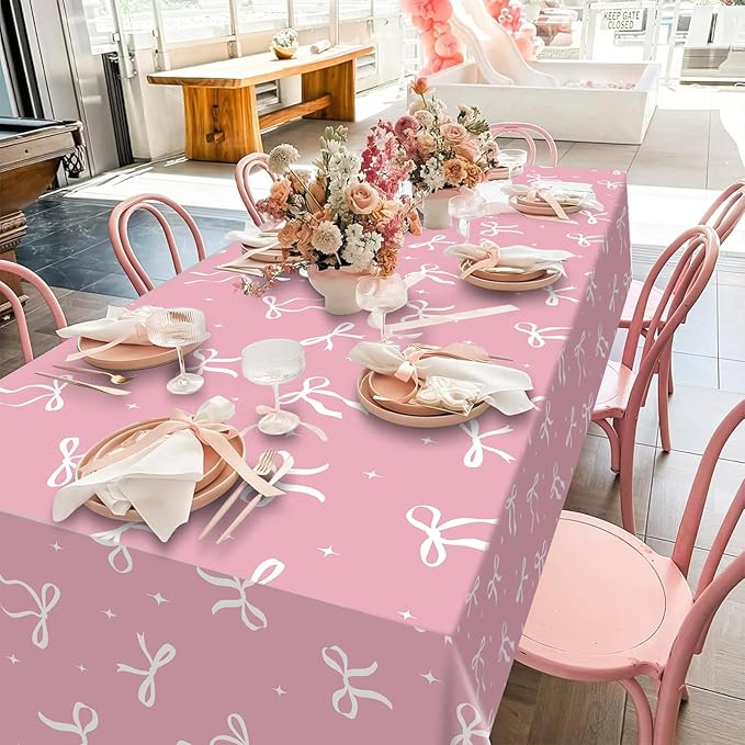 3Pcs Coquette Party Tablecloths Decorations,White Bow Plastic Table Cover Disposable Rectangle Table Cloth for Girls Birthday Bridal Wedding Party Supplies,54x108 Inch