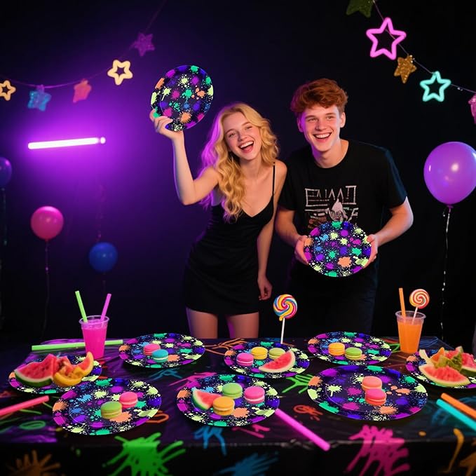 Neon Paper Plates - Glow in the Dark Party Supplies Include 7'' 9'' Printed with Graffiti Plates for Let's Glow Party Decorations, Serves 20