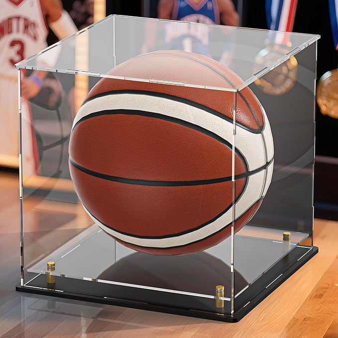 Acrylic Display Case with Floating Shelf & Thick Base for Basketball – Clear UV-Protected Figure Collectible Showcase for Souvenirs, Figurines, and Memorabilia (12" Lx12 Wx12 H)
