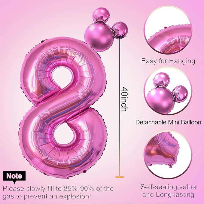 HIBILDER 40 inch Hot Pink Number 8 Balloon & Mini Mouse Head Balloon, 8th Birthday Party Decoration Balloons, Cartoon Mouse Birthday Party Supplies, Princess Birthday Party Decorations Supplies