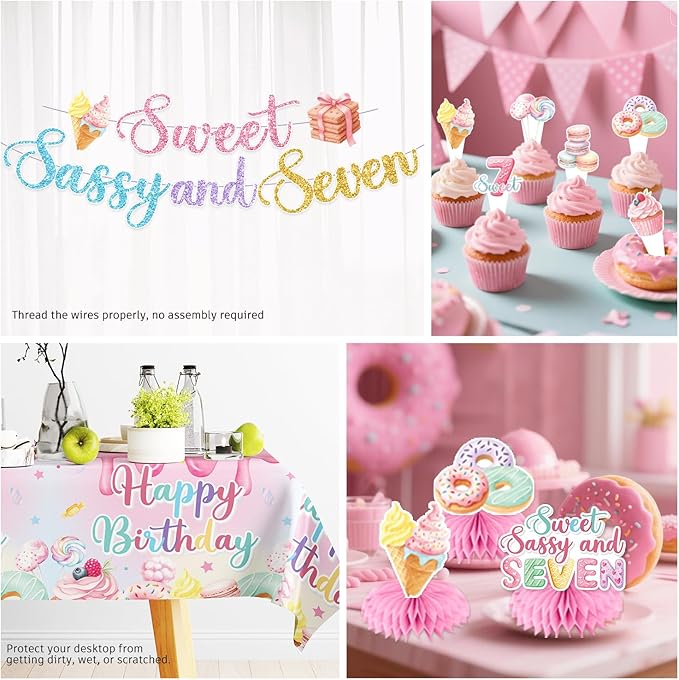 Xynic 200pcs 7th Birthday Decorations for Girls, Convenient Paper Tableware Set Includes Threaded Banner 350gsm Plates and Foil Balloons, for Sweet Sassy and 7 Birthday, Serves 25