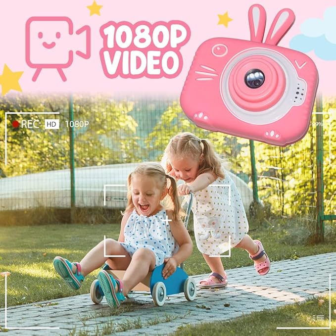 Kids Camera for Girls Boys 3-12 Years Old Selfie Children Camera Infant Toys Bunny 1080P HD Digital Video Camera for Toddler Christmas Easter Birthday Gifts with 32GB SD Card