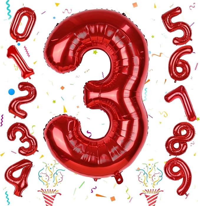 3rd Birthday Number Balloons for Girls Kids, 40 Inch Red Number Balloons 3 Large for 3rd 30th Birthday Party Decorations, Self Inflating Balloons Anniversary Graduation Party Decor Men Supplies