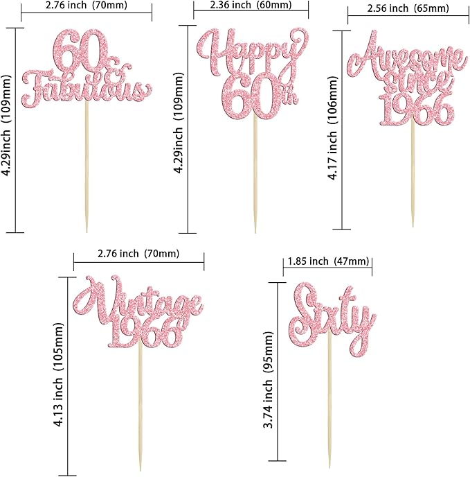 Ephlyn 30Pcs Vintage 1966 Cupcake Toppers Glitter Sixty Happy 60th Birthday 60 Fabulous Cupcake Picks Cheers to 60 Years for 60th Birthday Wedding Anniversary Party Cake Decorations Supplies Pink