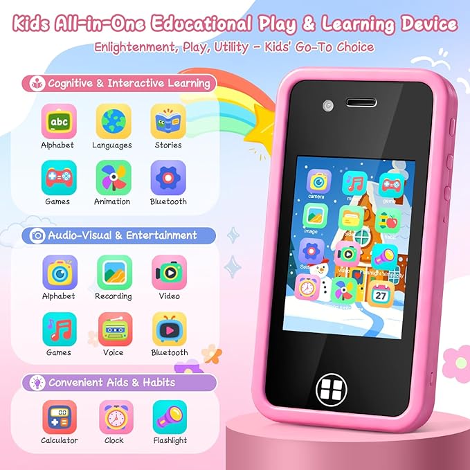 Kids Toy Smart Phone for 4-8 Year Old Boys Girls | Dual Camera, 14 Educational Games, Drop-Proof Fake Phone with MP3 Player & 16GB SD Card, Perfect Christmas Birthday Gift (Pink)