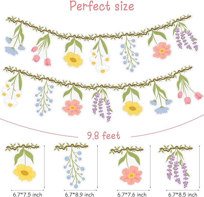 Flower Party Banner Wildflower Garland Spring Floral Party Decorations 2PCS Enchanted Garden Hanging Banner Decor for Flower Theme Wedding Wild One Birthday Baby Shower Valentine's Supplies
